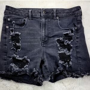 American‎ Eagle Shorts Women 6 Black Festival Denim Distressed Hi-Rise Y2K 30W